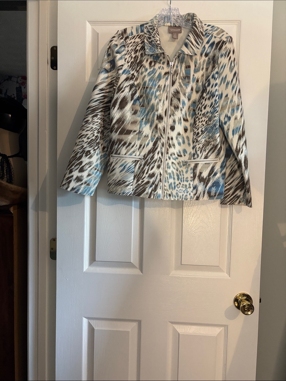 Chico’s Blue & Brown Animal Print Zip Jacket Size 4
